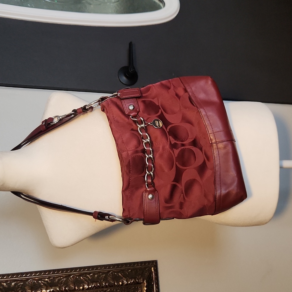 Coach Burgundy Signature Satin and Leather Chain Detail Hobo